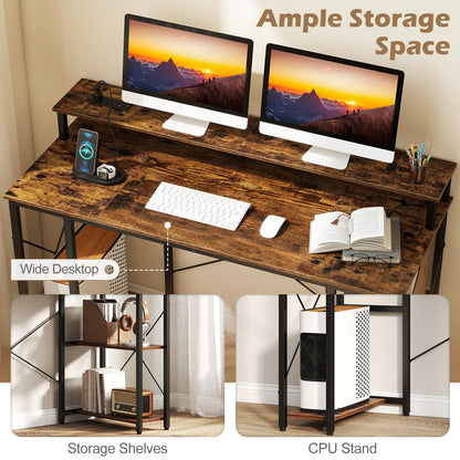 120 cm Computer Desk with Charging Station LED Lights and Storage Shelves