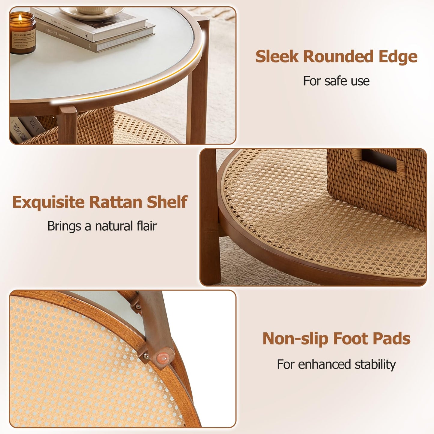Rattan Coffee Table with Tempered Glass Top for Living Room