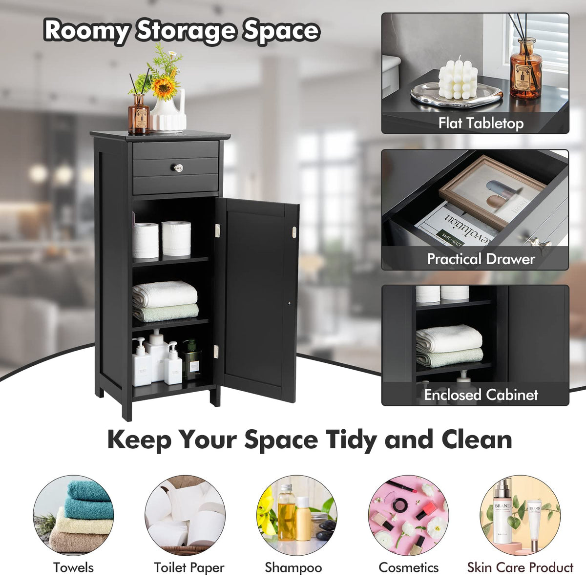 3-Tier Free-Standing Bathroom Cabinet with Drawer
