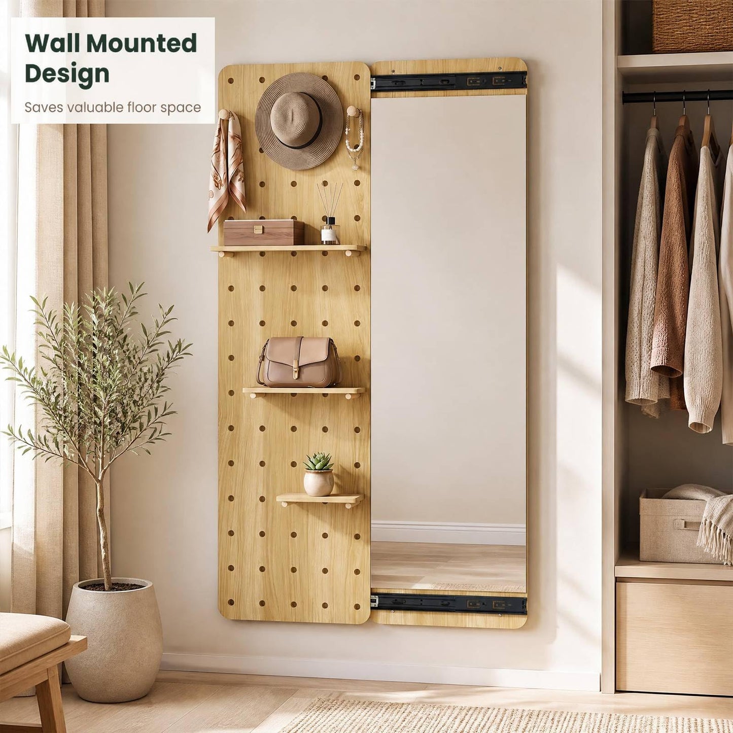 Wall Mounted Full Body Mirror with Sliding Pegboard Storage
