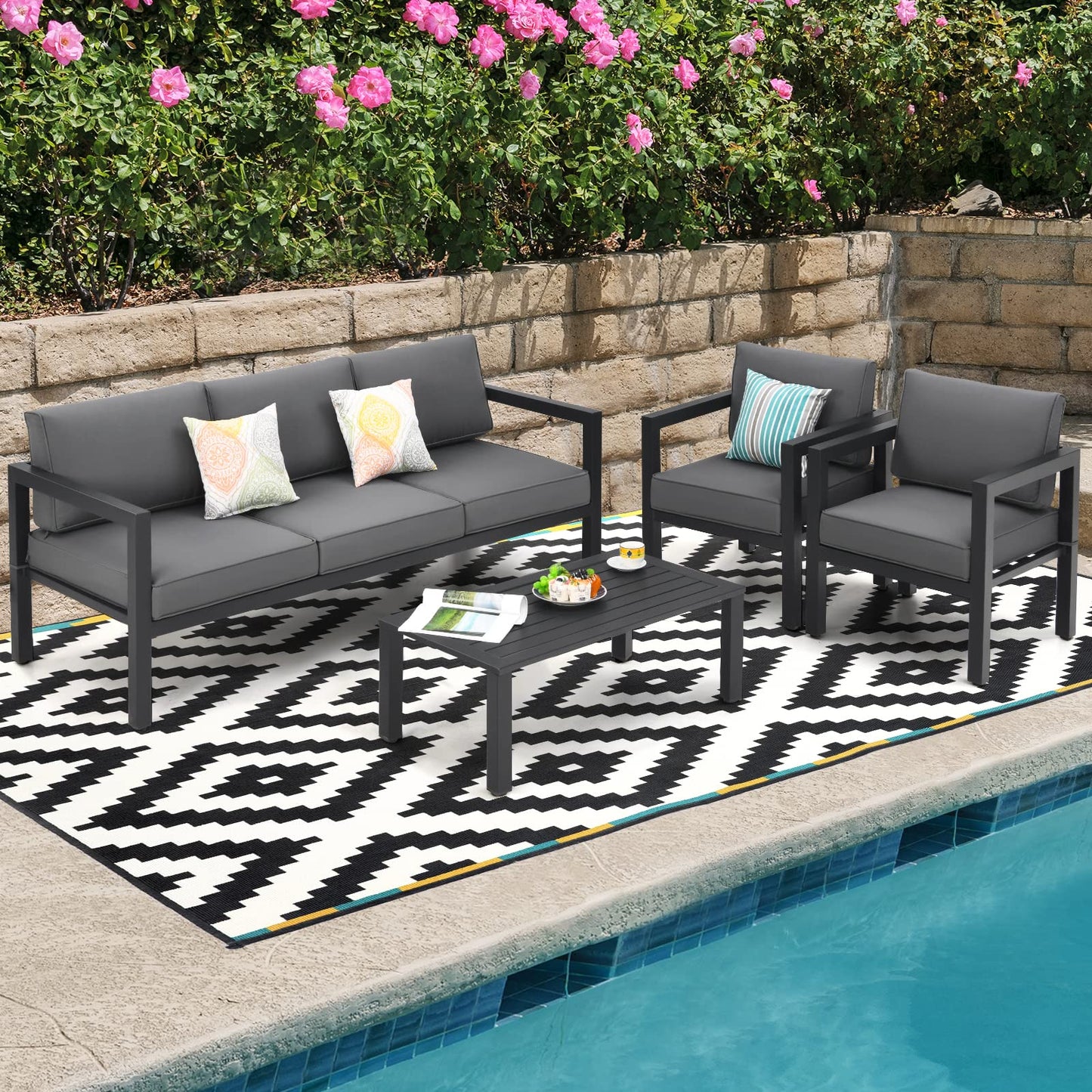 4 Pieces Garden Aluminum Furniture Set with Padded Cushions