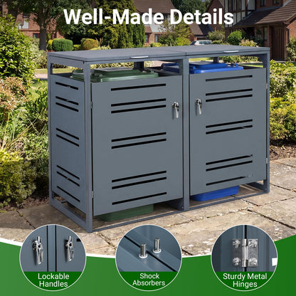Outdoor Metal Garbage Bin Storage Shed for 2 Trash Cans