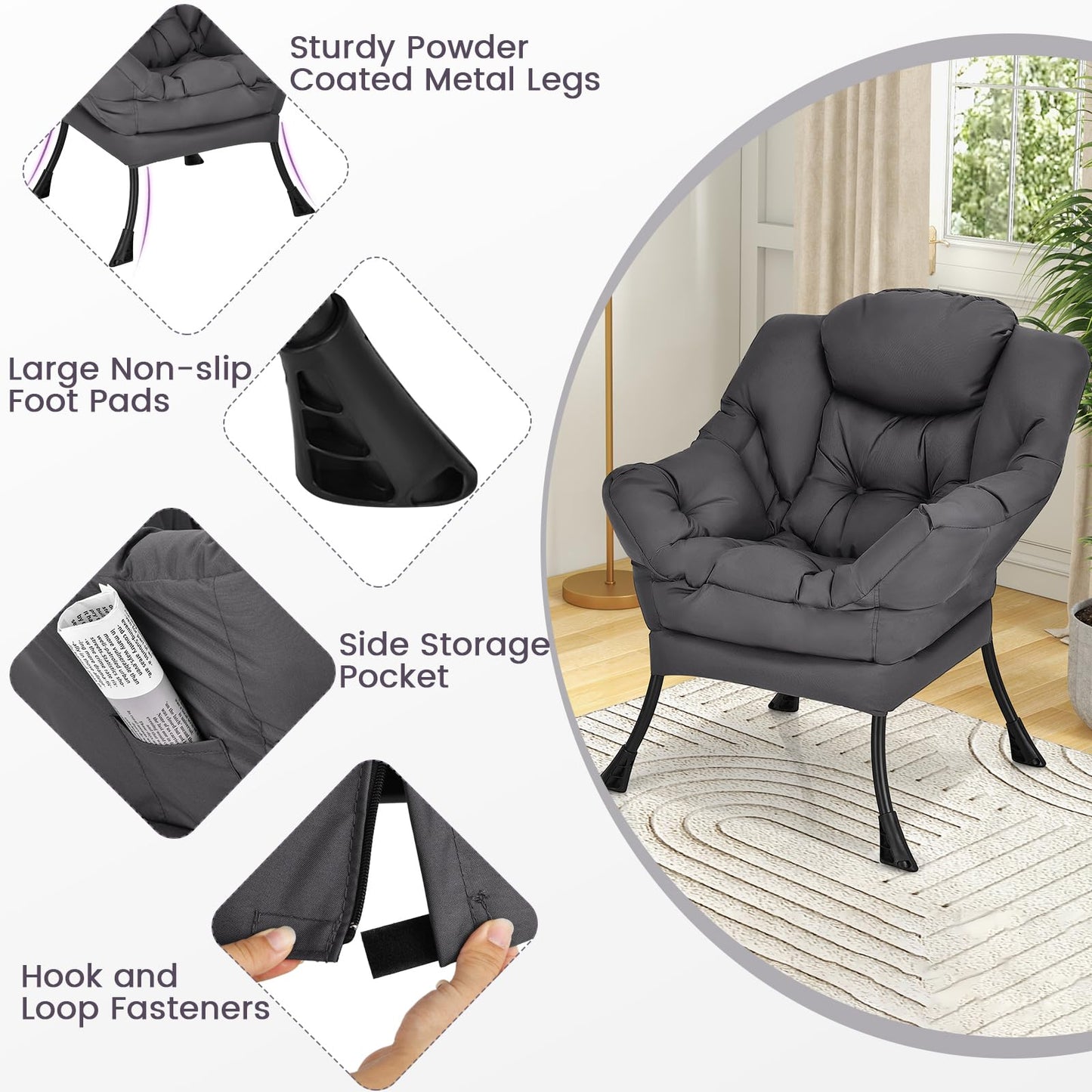 Armchair Accent Chair, Fabric Upholstered Lounge Armchair Leisure Reading Chair with Side Pocket