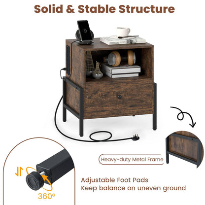 Nightstand with Charging Station 3-Tier Bedside Table with Drawer