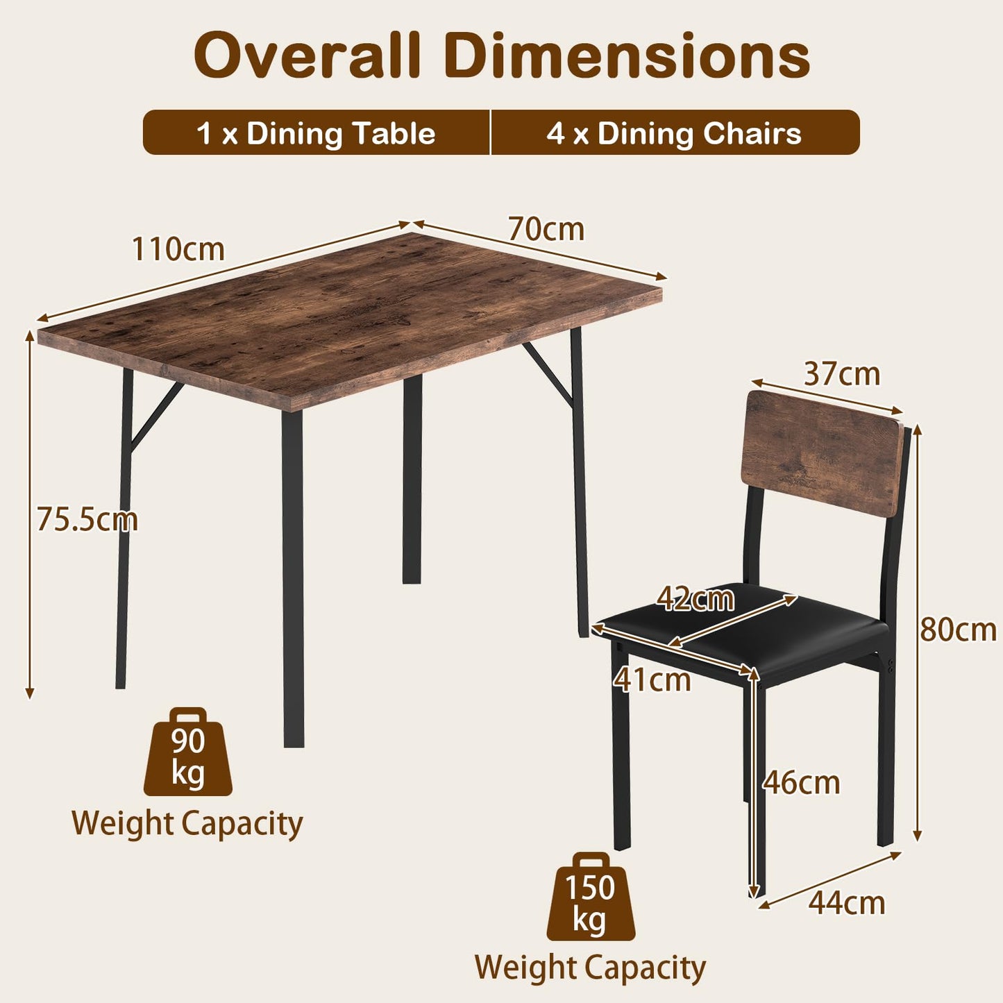 5-Piece Dining Table Set for 4 People with Metal Leg for Small Room