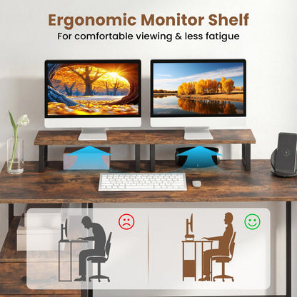 L-shaped Desk with Power Outlets Monitor Stand 2 Drawers and Adjustable Shelf