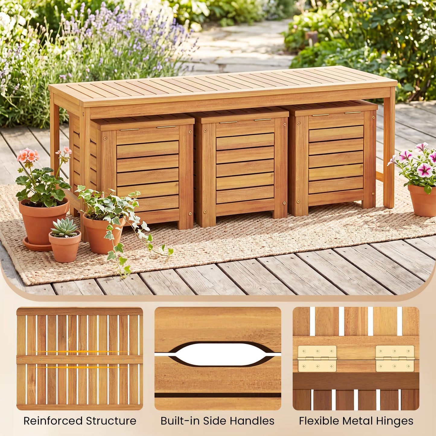 4-Piece Garden Bench and Storage Box Set, Acacia Wood Backless Patio Bench and Deck Boxes