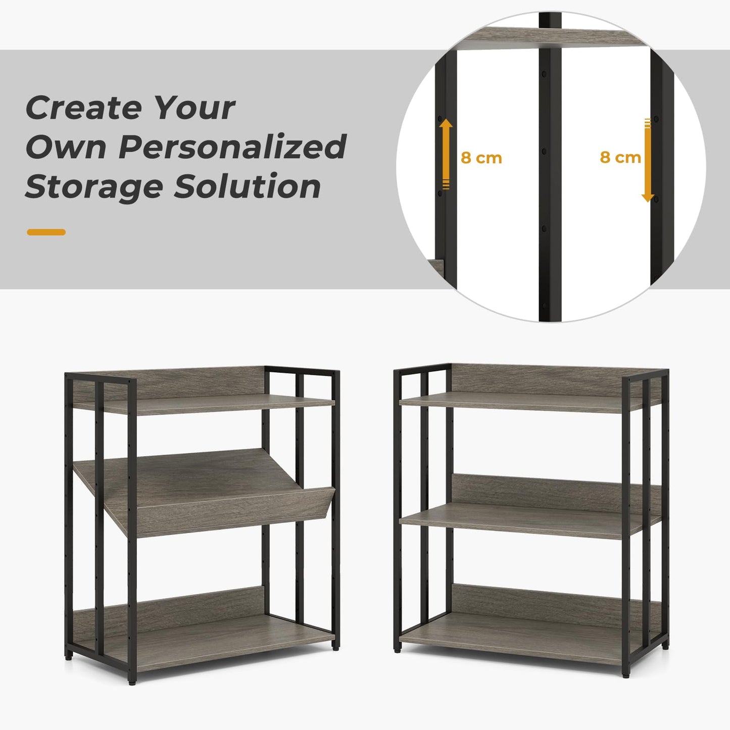 3 Tier Bookshelf with Adjustable Shelves and Metal Frame