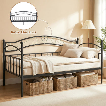 Metal Day Bed Frame, 3FT Single Sofa Bed Base Guest Platform Daybed with Headboard