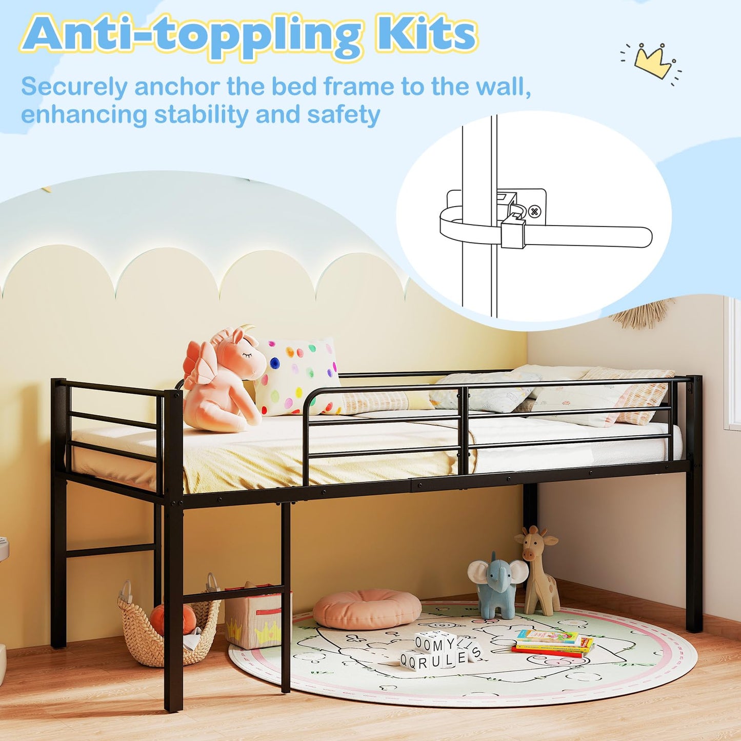 Single Size Low Loft Bed Metal Bed Frame with Safety Guardrails and 2 Ladders