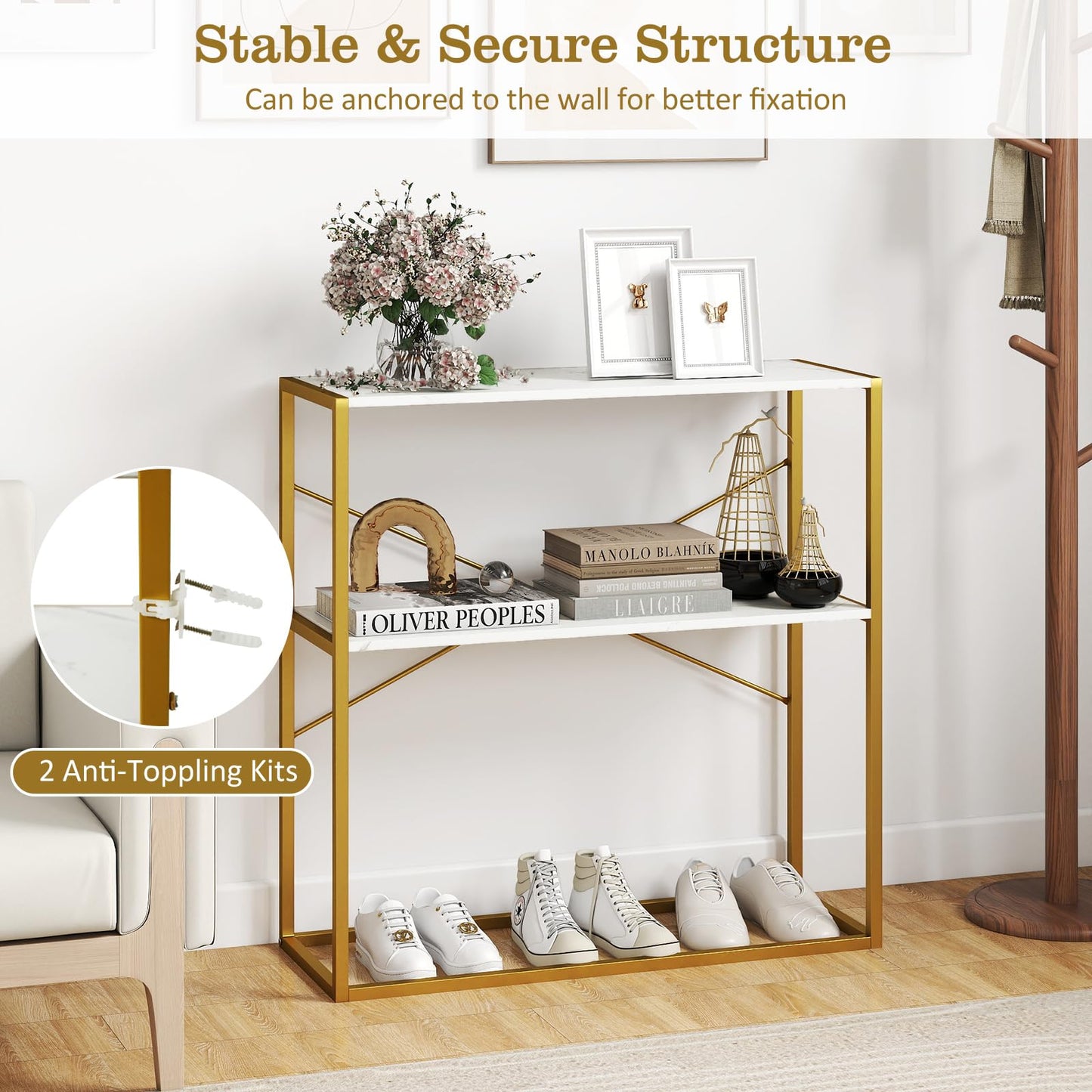 2-Tier Entryway Table with Marble Textured Open Shelves and Metal Frame