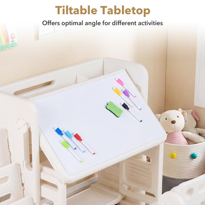 Kids Desk and Chair Set with Side Bookshelves and Whiteboard