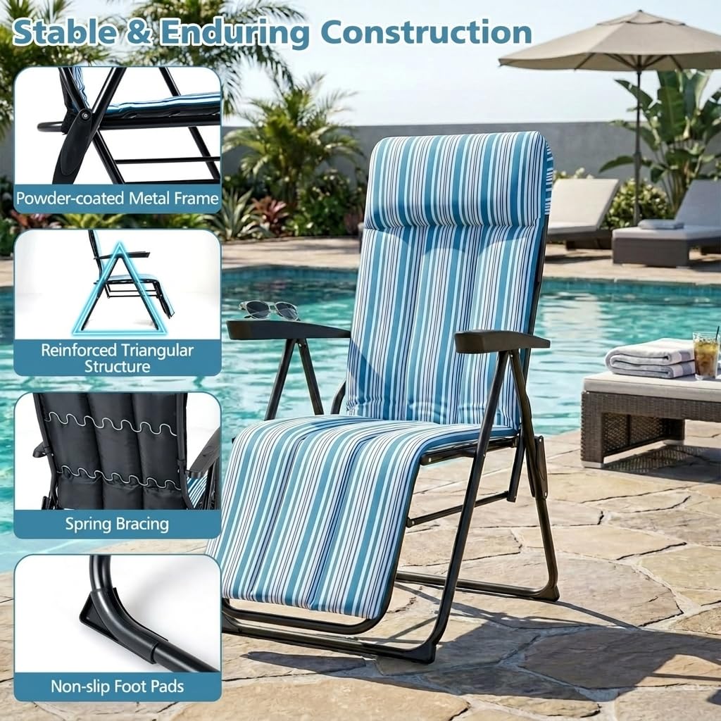 Foldable Sun Lounger Recliner with Adjustable Backrest Headrest and Armrests