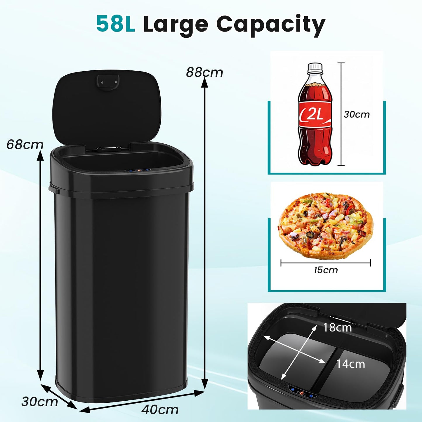 58L/68L Automatic Kitchen Bin, Dual-Zone Touchless Infrared Motion Sensor Waste Bin