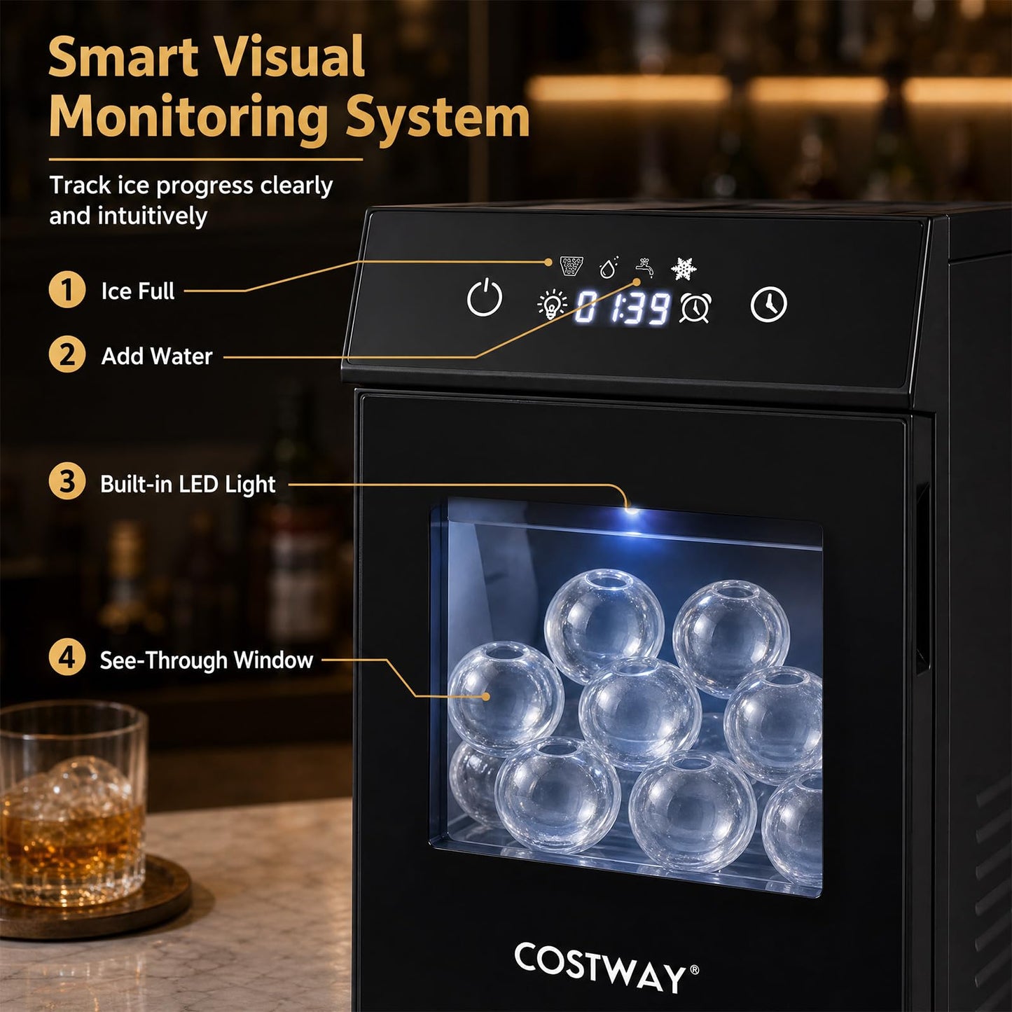 5 cm Ice Ball Maker with Self-Cleaning and 8H Timer for Whiskey Bourbon