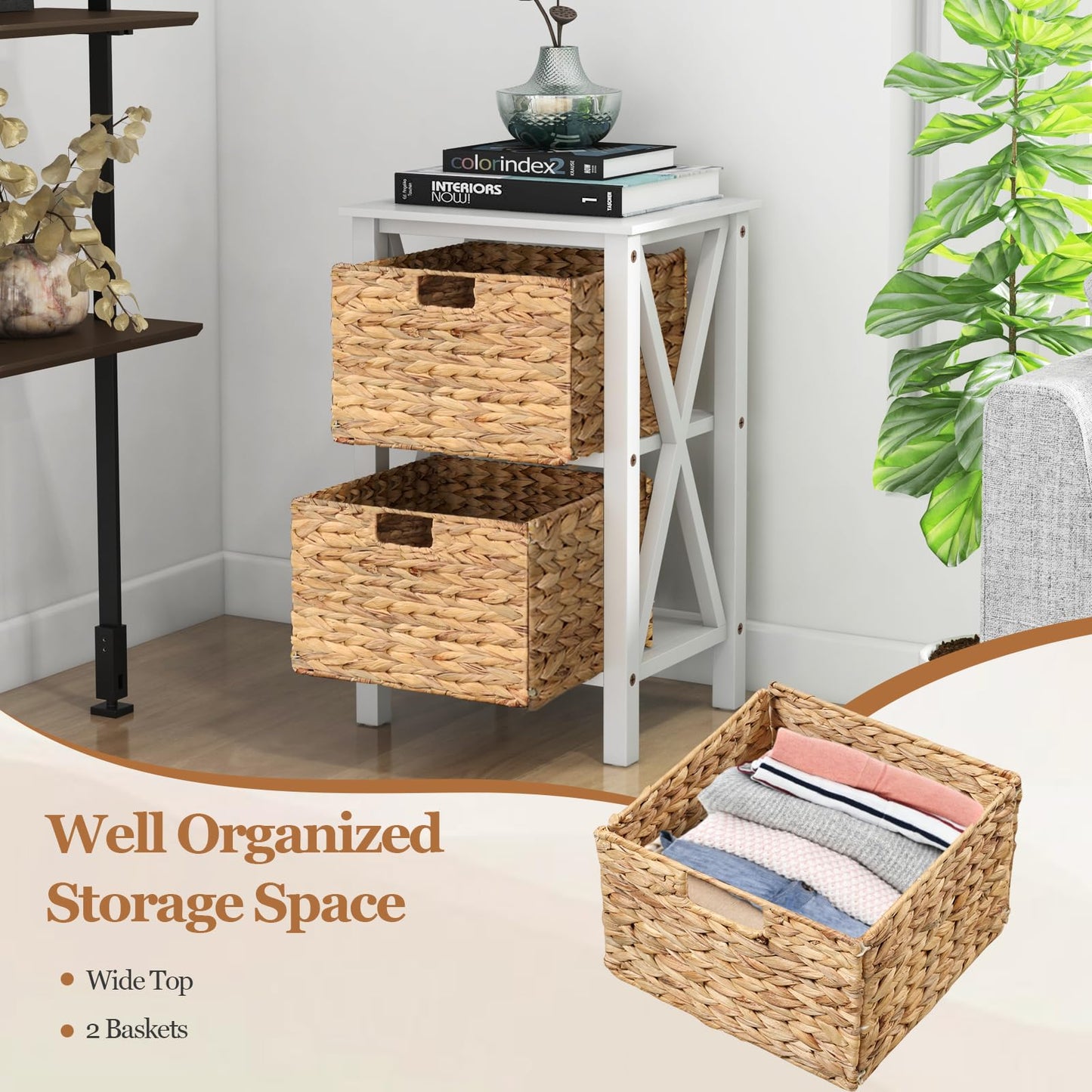 Sofa Side Table with Seagrass Baskets and Rubber Wood X-Shaped Frames and Acacia Wood Legs