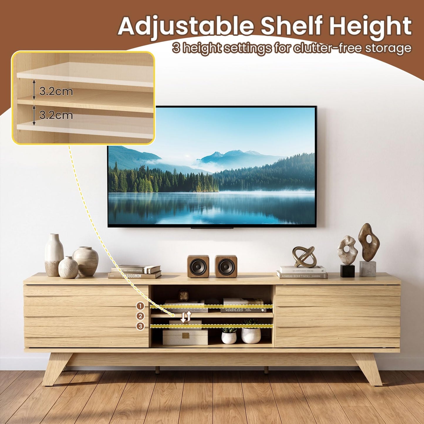 TV Unit for 55 Inch TVs, 145cm Wooden TV Stand Cabinet with 2 Sliding Doors and Adjustable Storage Shelf