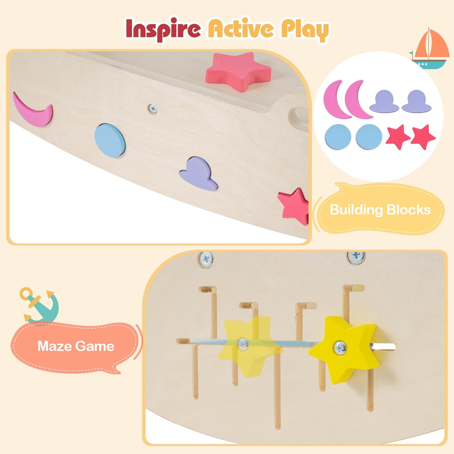 7 in 1 Kids Climbing Frame, Wooden Toddler Climbing Set with Reversible Ramp