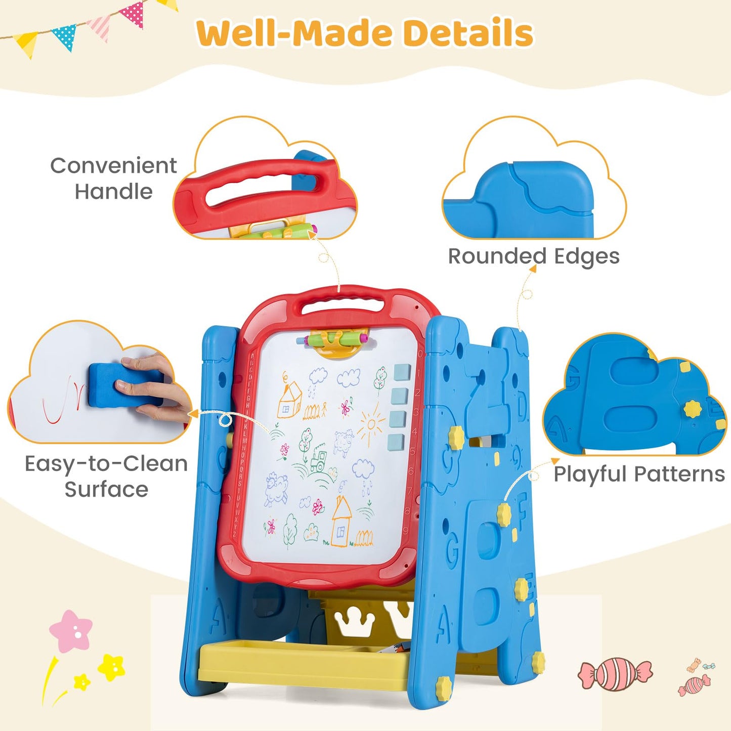3 in 1 Art Easel for Kids Double Sided Magnetic Board Chalkboard and Whiteboard
