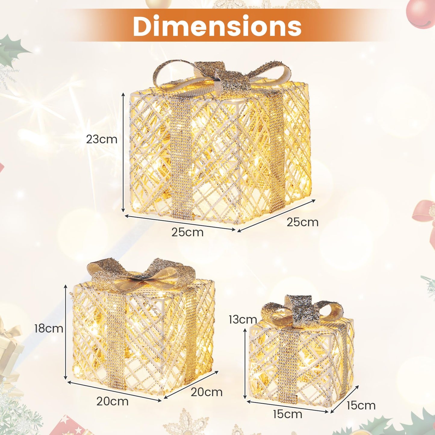 Set of 3 Christmas Lighted Gift Boxes with Bows and Ground Stakes