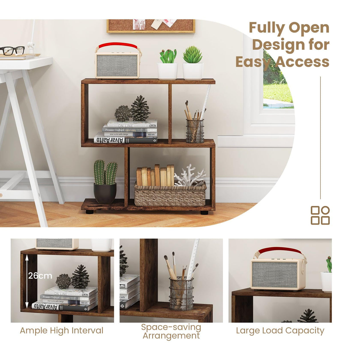 Wooden Bookshelf, 2-tier Irregular Display Shelf