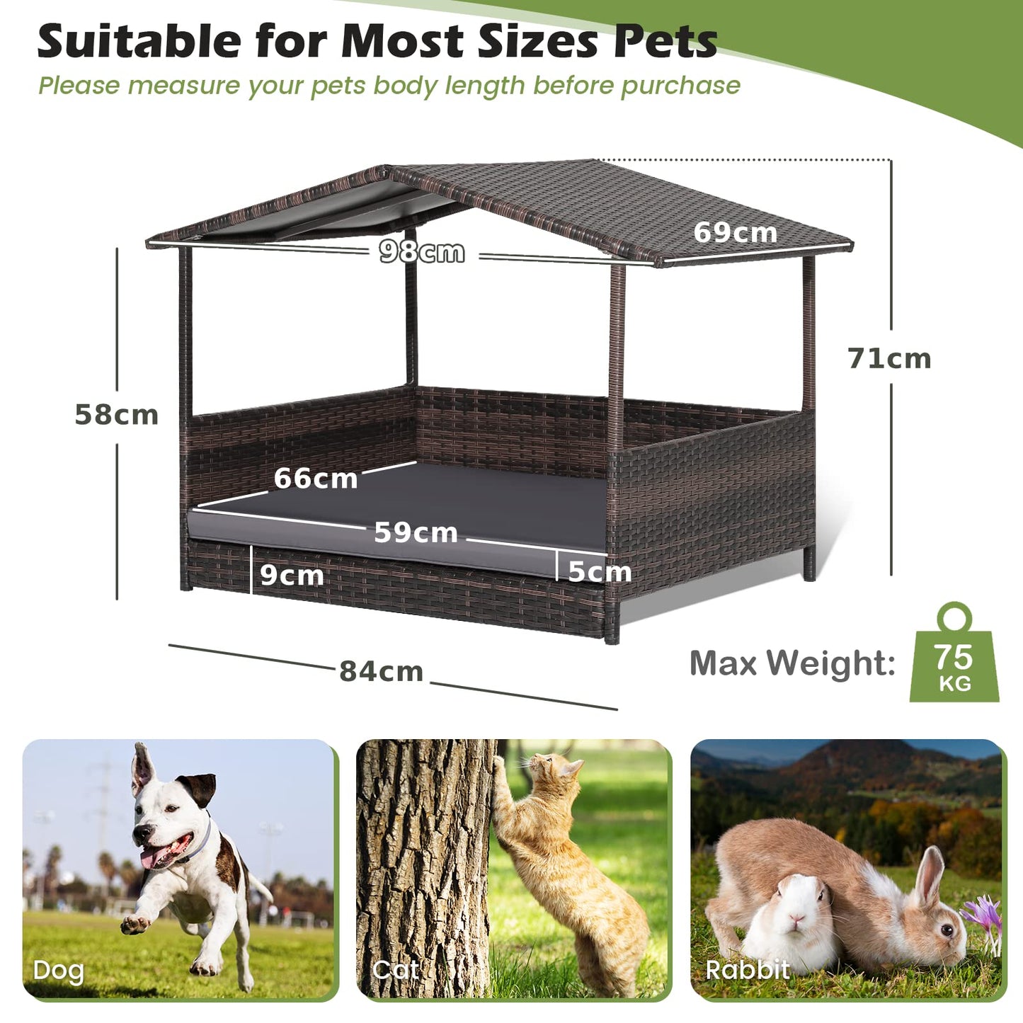 Wicker Dog House with Roof and Removable Cushion for Living Room Yard