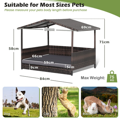 Wicker Dog House with Roof and Removable Cushion for Living Room Yard