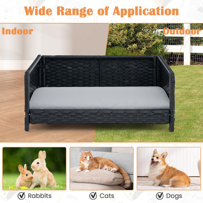 Handwoven Wicker Pet Bed Sofa Couch with Metal Frame and Cushion