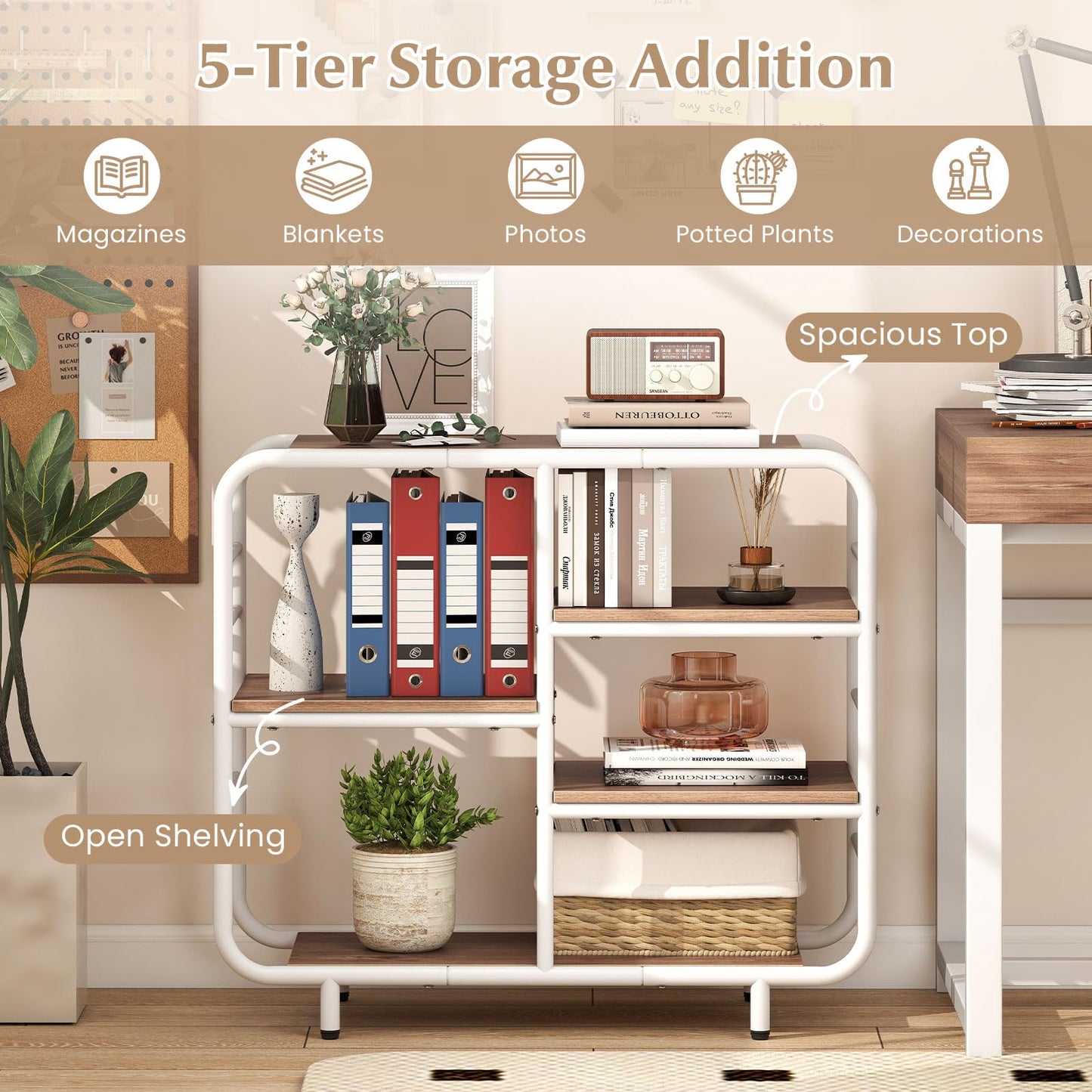 5-Tier Bookshelf, Metal Frame Open Book Shelf, Natural