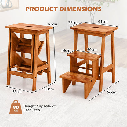 3 Tier Folding Step Stool Rubber Wood Ladder Chair with Handle