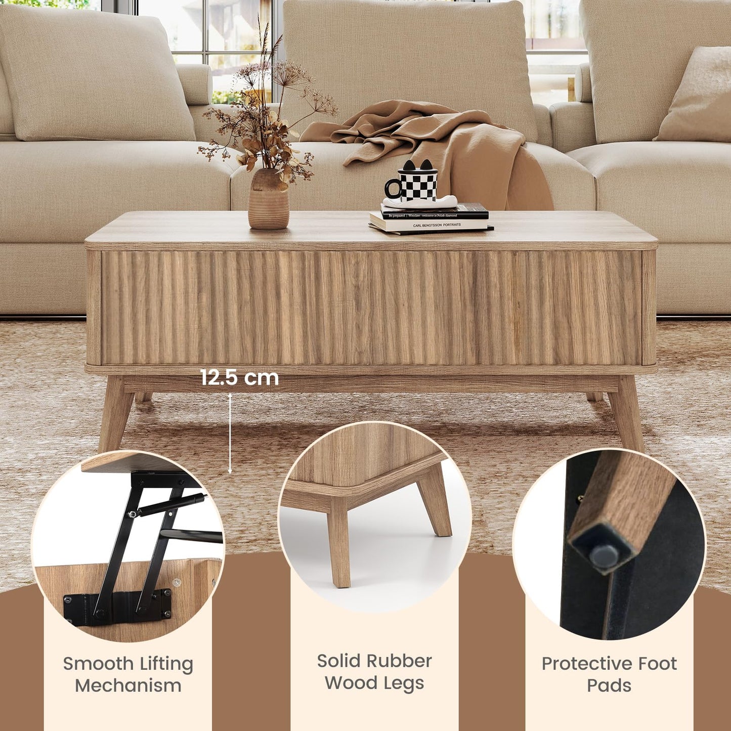 Lift Up Top Coffee Table, 110cm Rectangle Lifting Cocktail Center Table Unit