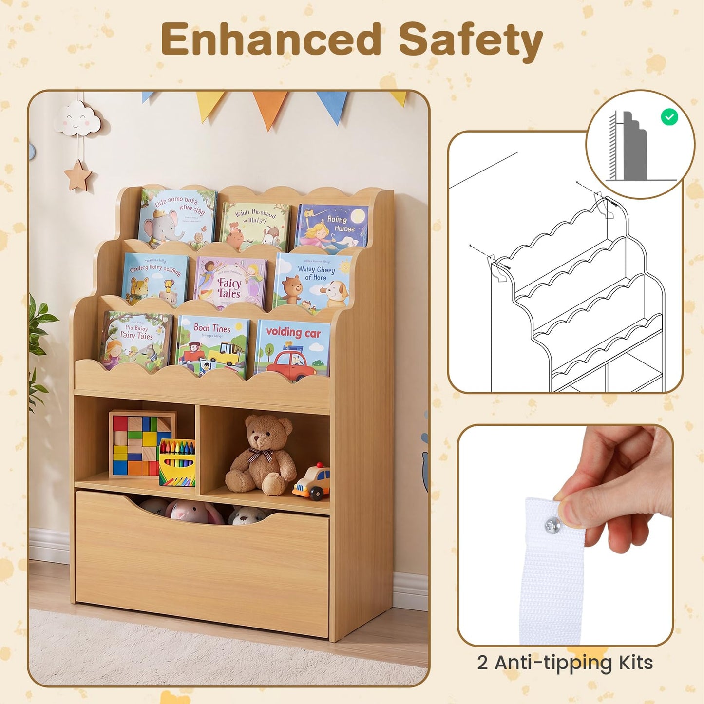 5-Tier Kids Bookshelf with Shelves & Rolling Drawer for Nursery Playroom