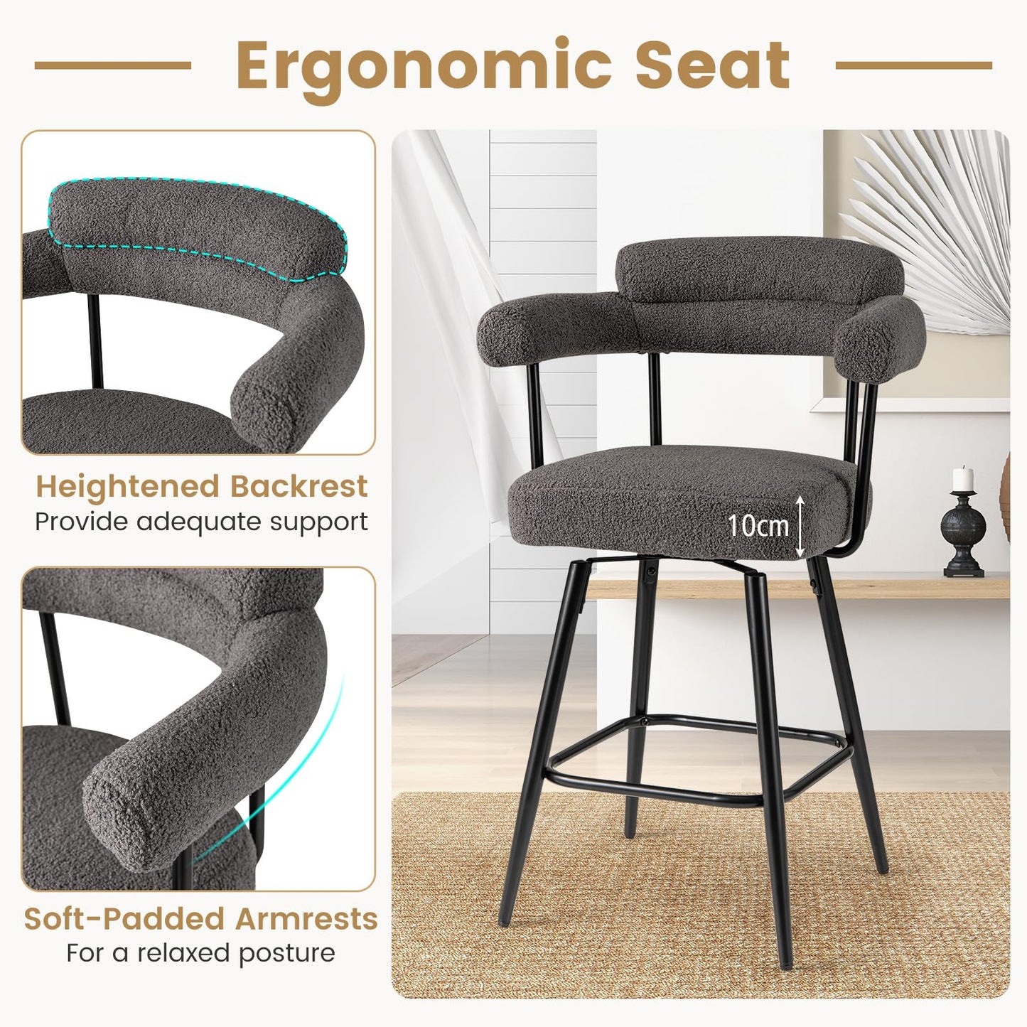 Swivel Bar Stool Set of 2 Counter Height Chairs with Curved Back