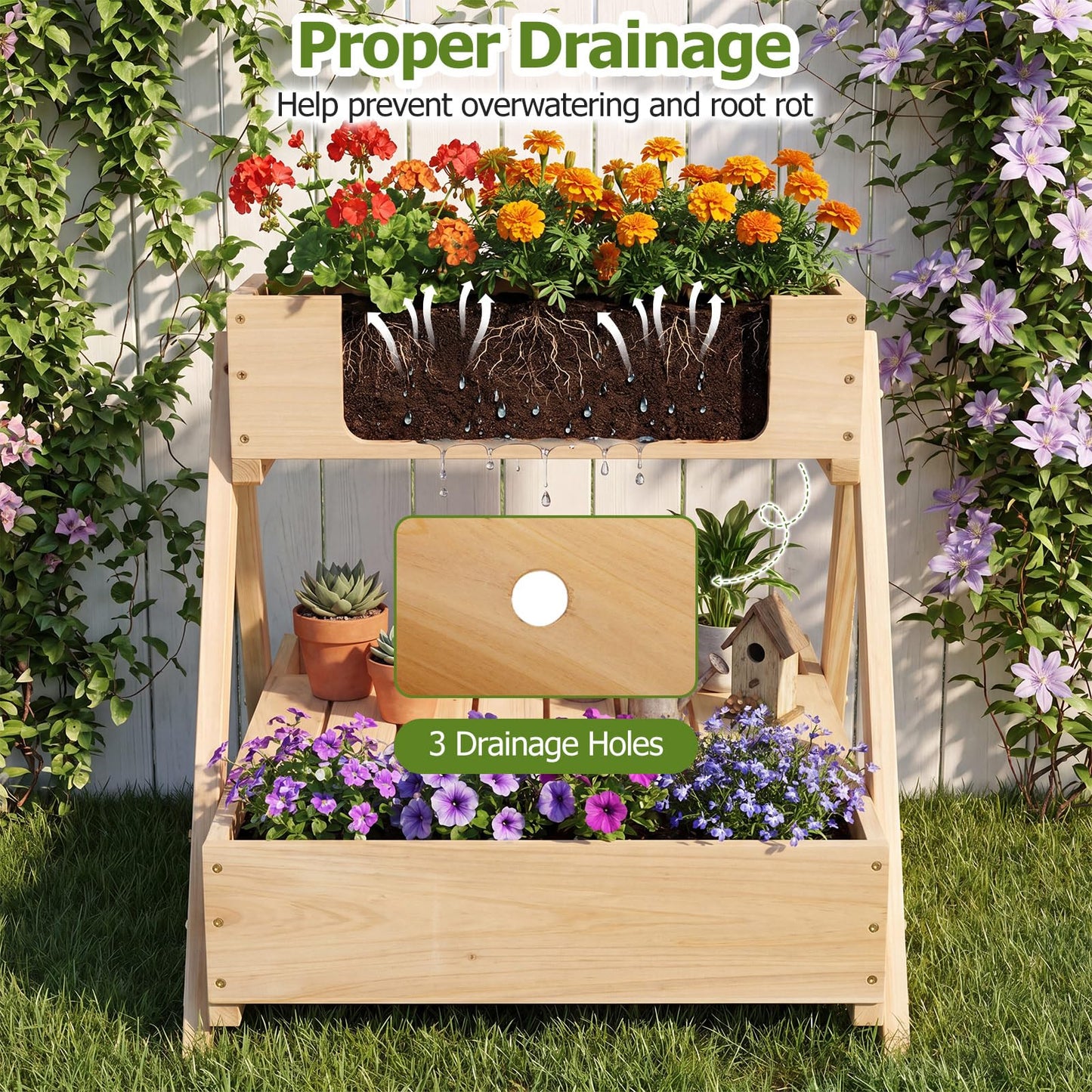 3 Fir Wooden Planter Boxes with Open Storage Shelf and 3 Drainage Holes