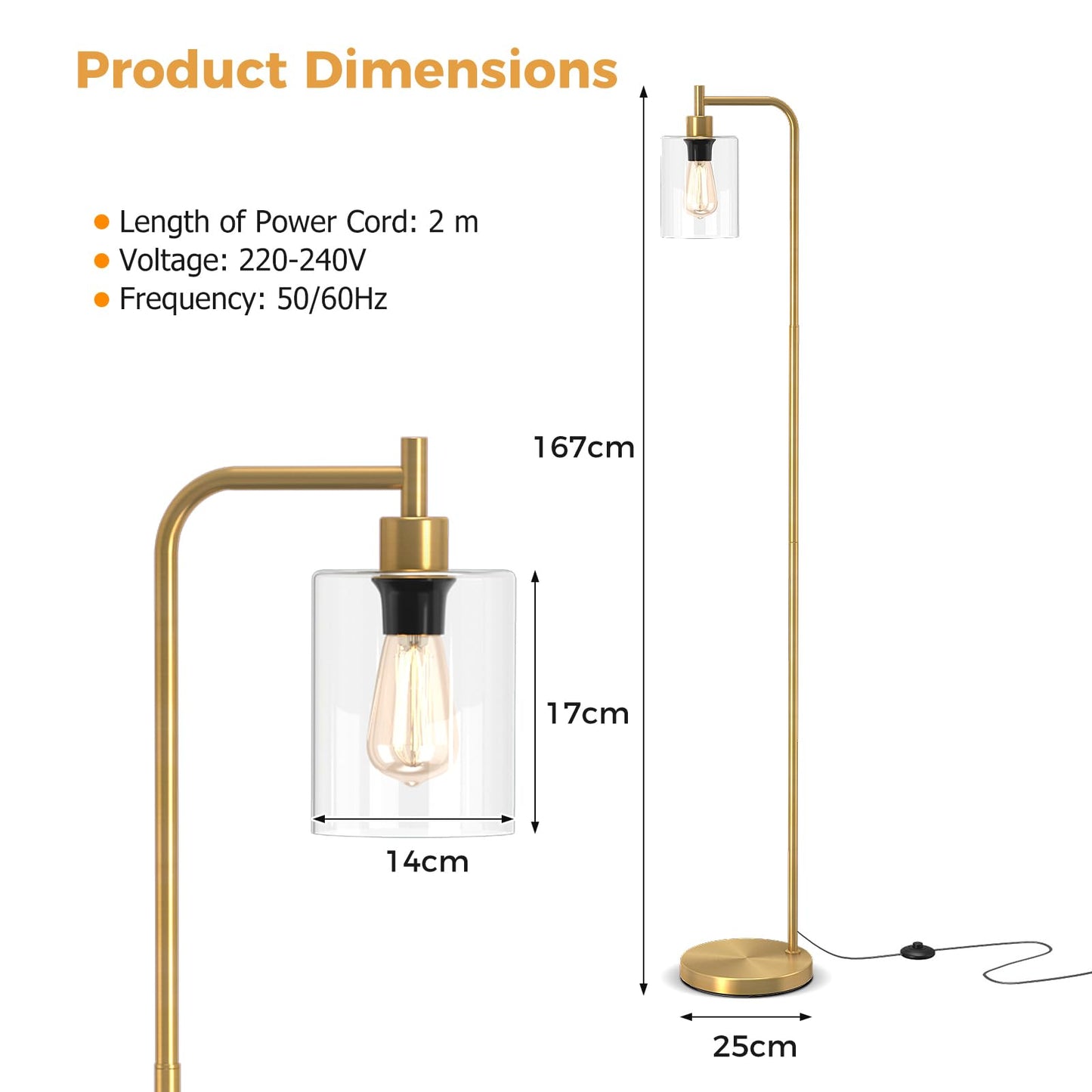 Industrial Floor Lamp with Hanging Glass Lampshade and Foot Switch