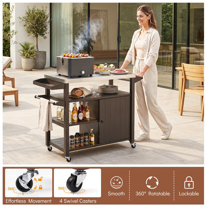 Outdoor Grill Cart Movable Prep Table with Storage Cabinet
