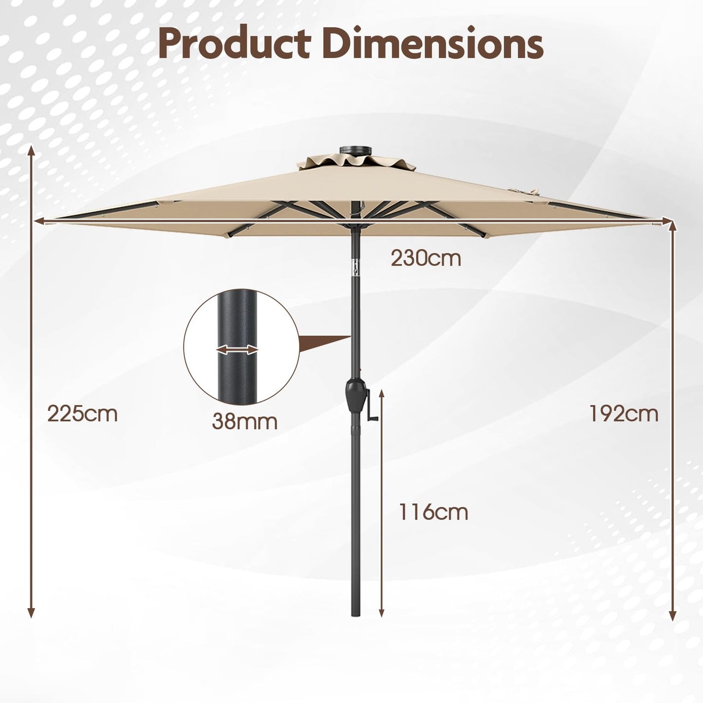 2.3M Outdoor Heavy Duty Umbrella with 18 LED Lights, Push Button Tilt