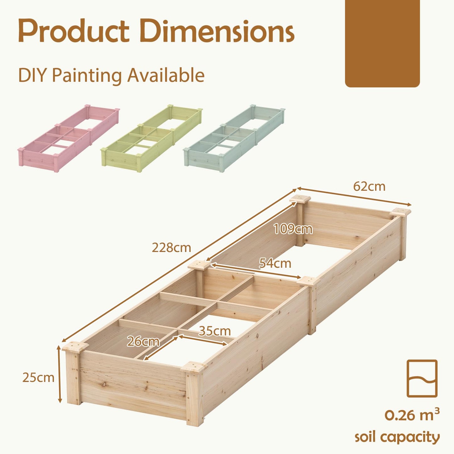 Wooden Raised Garden Bed with 2 Planter Boxes and Dividers