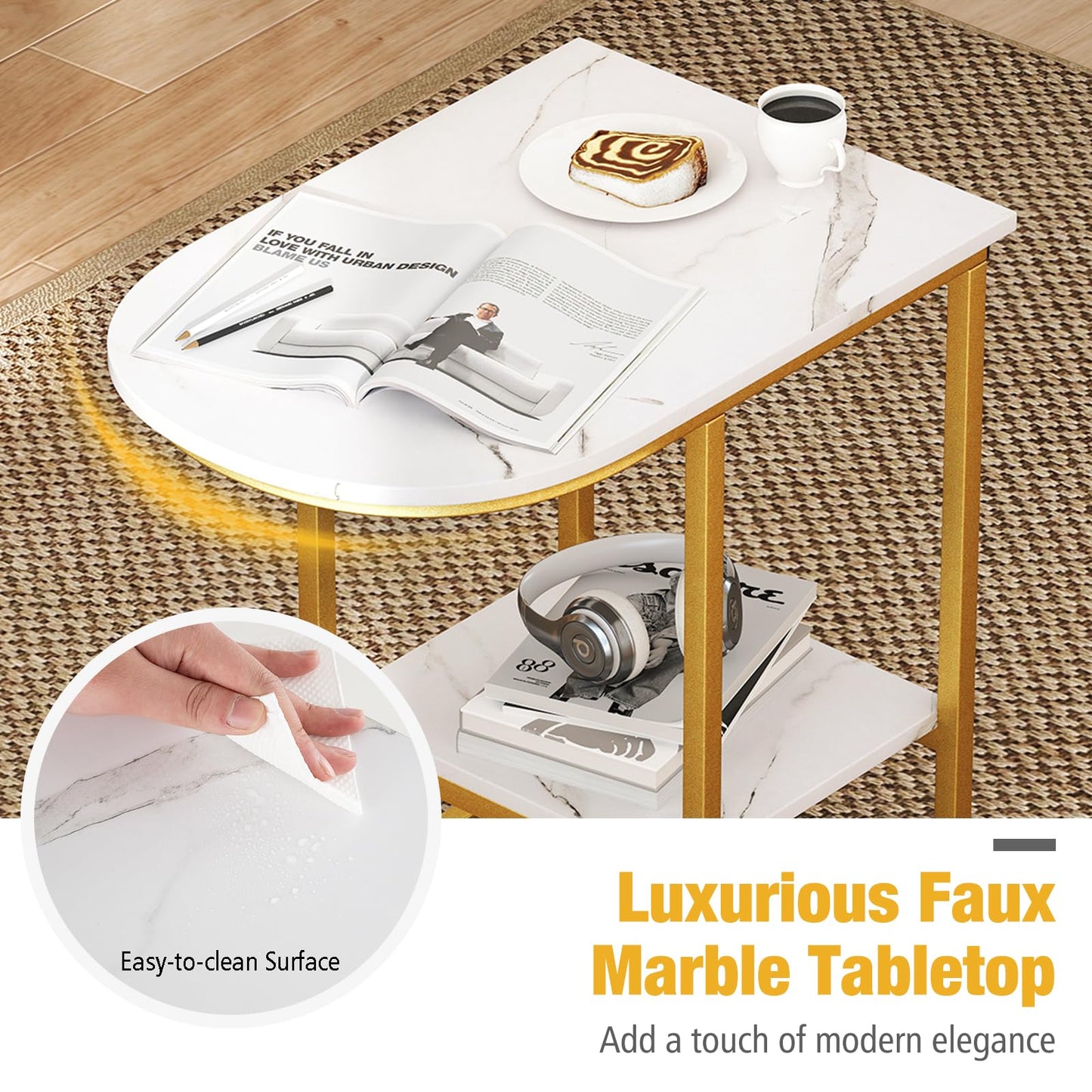 2 Tier C shaped End Table Modern Sofa Side Table with Metal Frame
