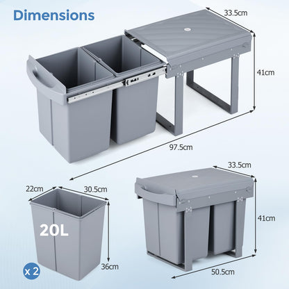 40L Built-in Pull Out Trash Can Under Cabinet Under Sink