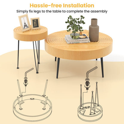 Solid Wood Center Nesting Tables Set of 2 with Water-ripple Tabletop