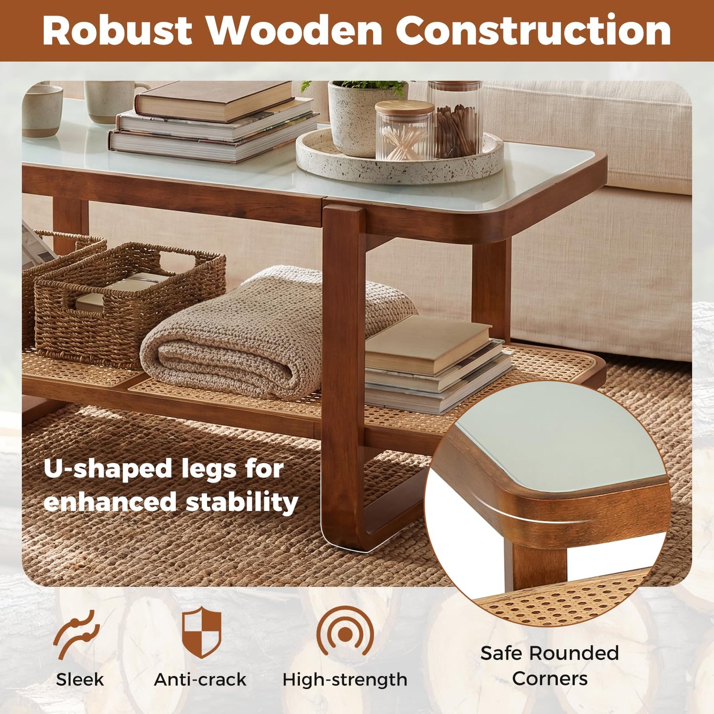 2-Tier Rattan Coffee Table, Frosted Tempered Glass Center Table