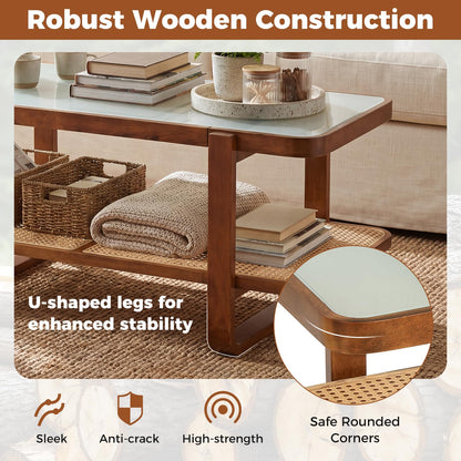 2-Tier Rattan Coffee Table, Frosted Tempered Glass Center Table