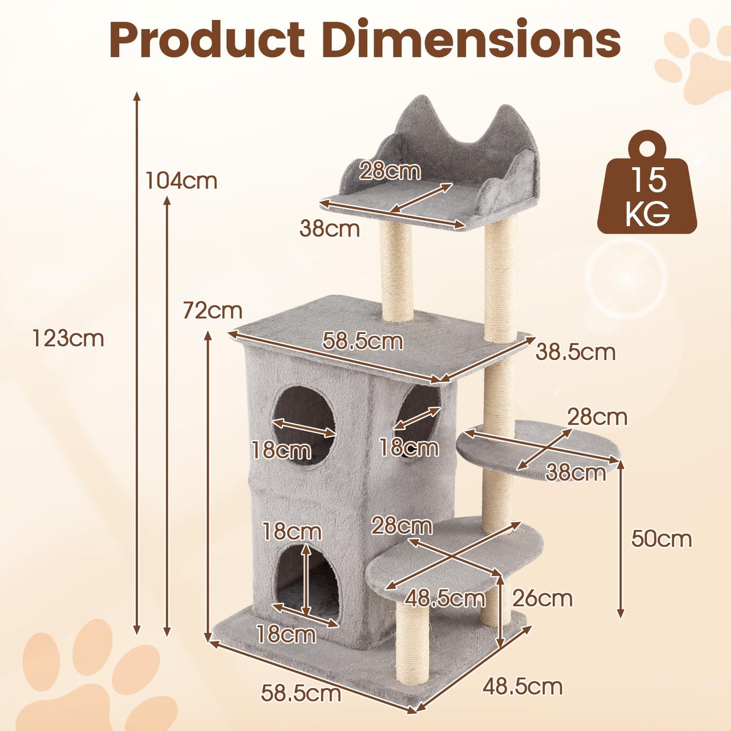 Cat Tree, 123cm Tall Multi-Layer Cats Tower with Plush Perch, 2-story Condo, 3 Hideaway Caves