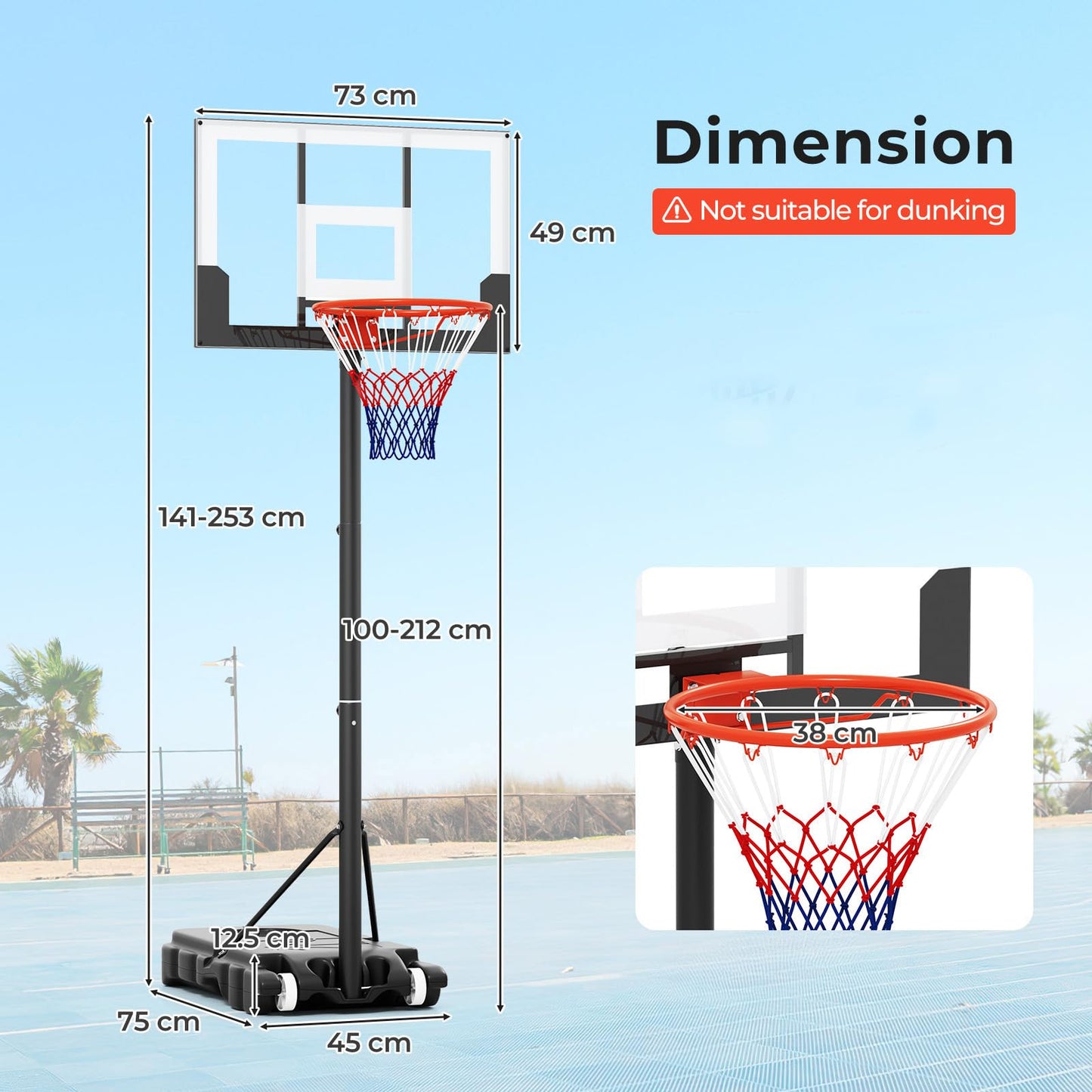 Portable Kids Basketball Hoop Outdoor with Shatterproof PC Backboard and Wheels