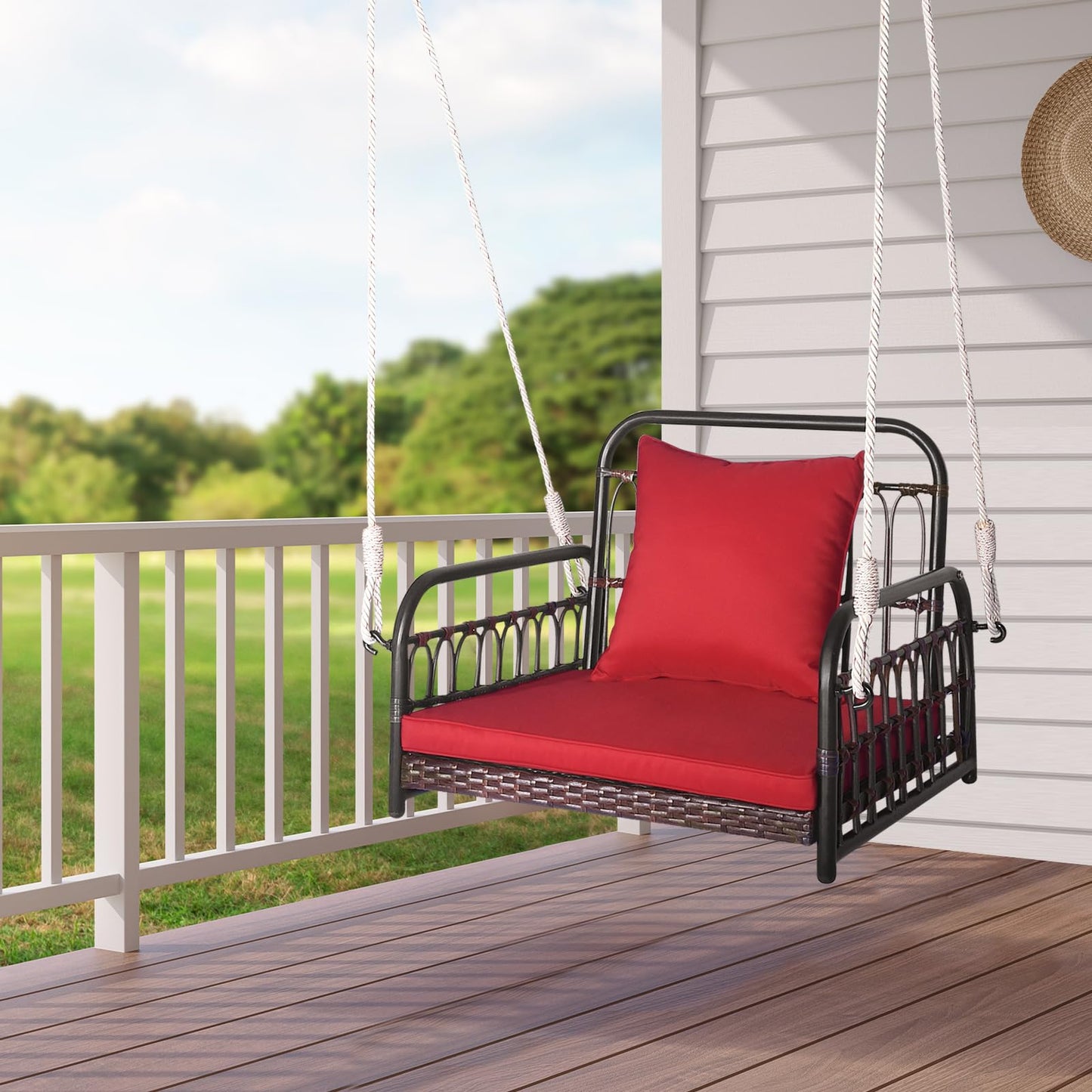 1 Person Rattan Woven Hammock Chair with Back and Seat Cushion