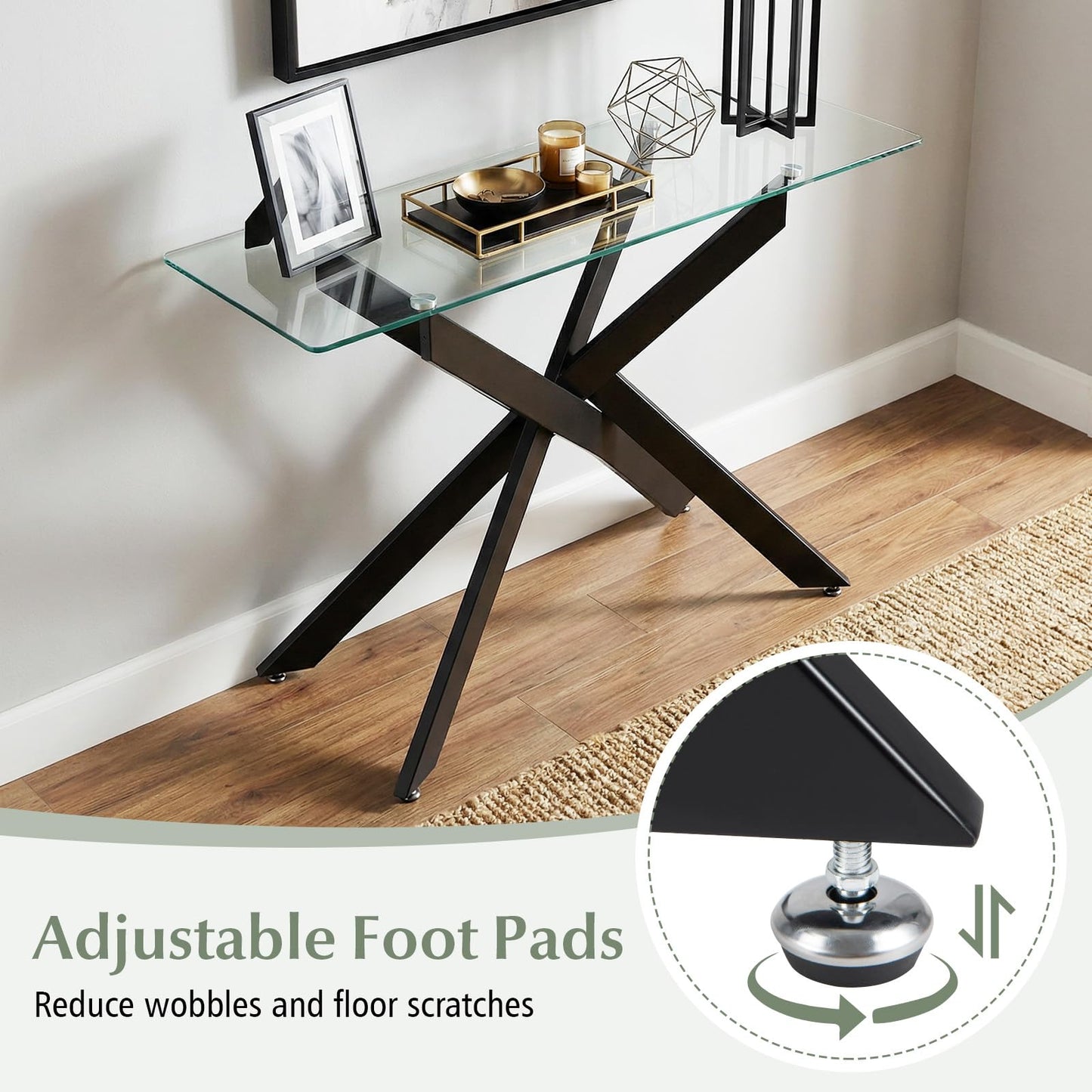 Modern Glass Console Table with Tempered Glass Top and Tubular Legs