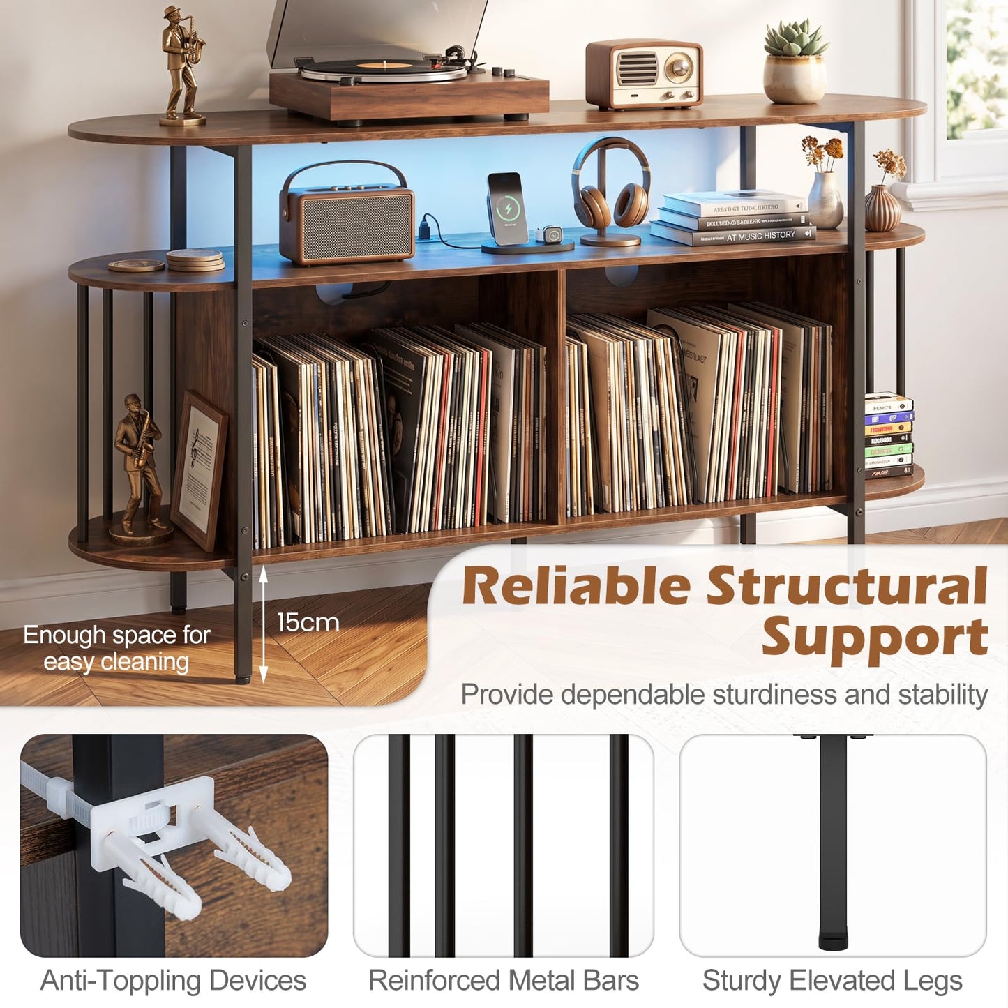 Record Player Stand with Charging Station,LED Lights