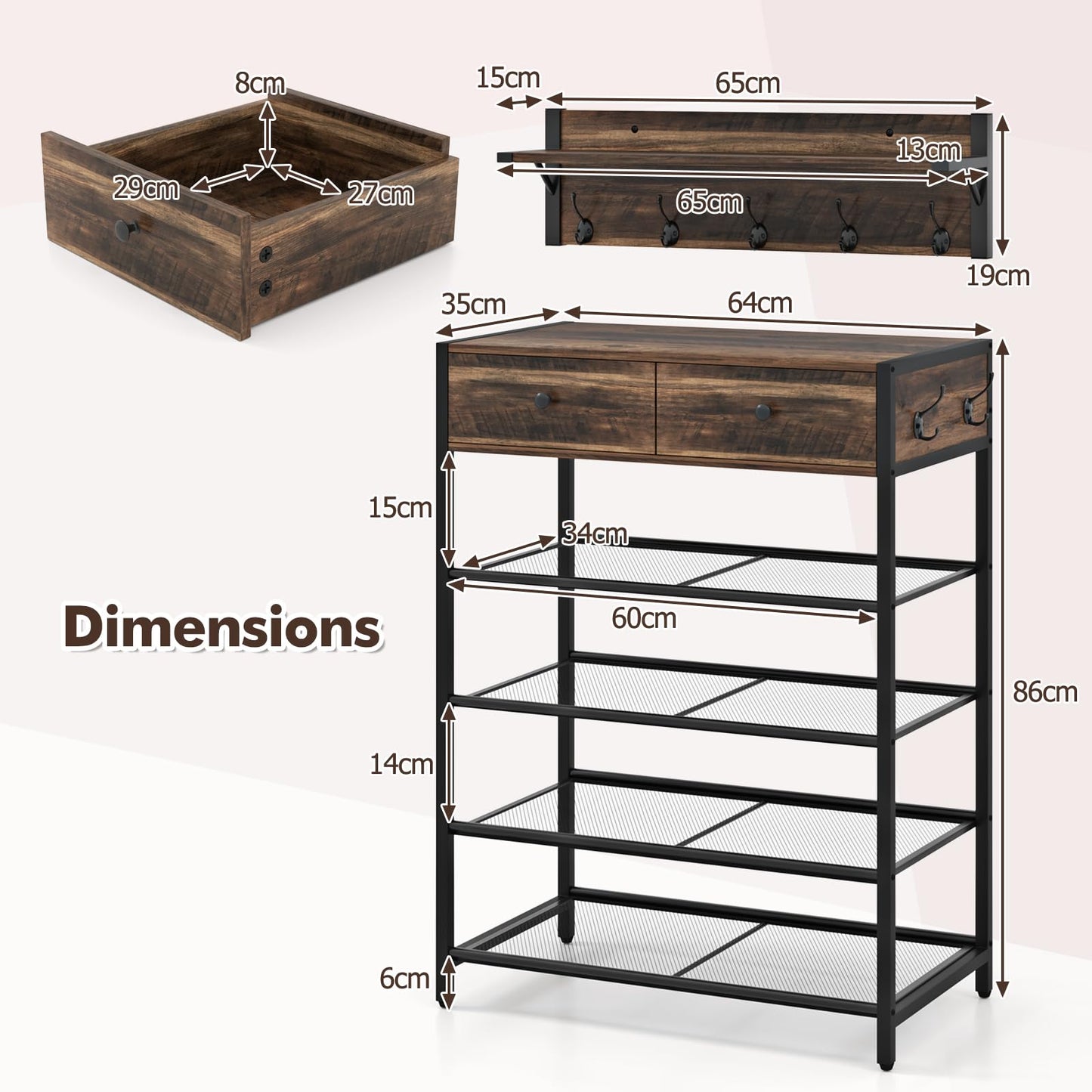 Coat Rack Shoe Stand Set with Wall-Mounted Coat Rack and Drawers