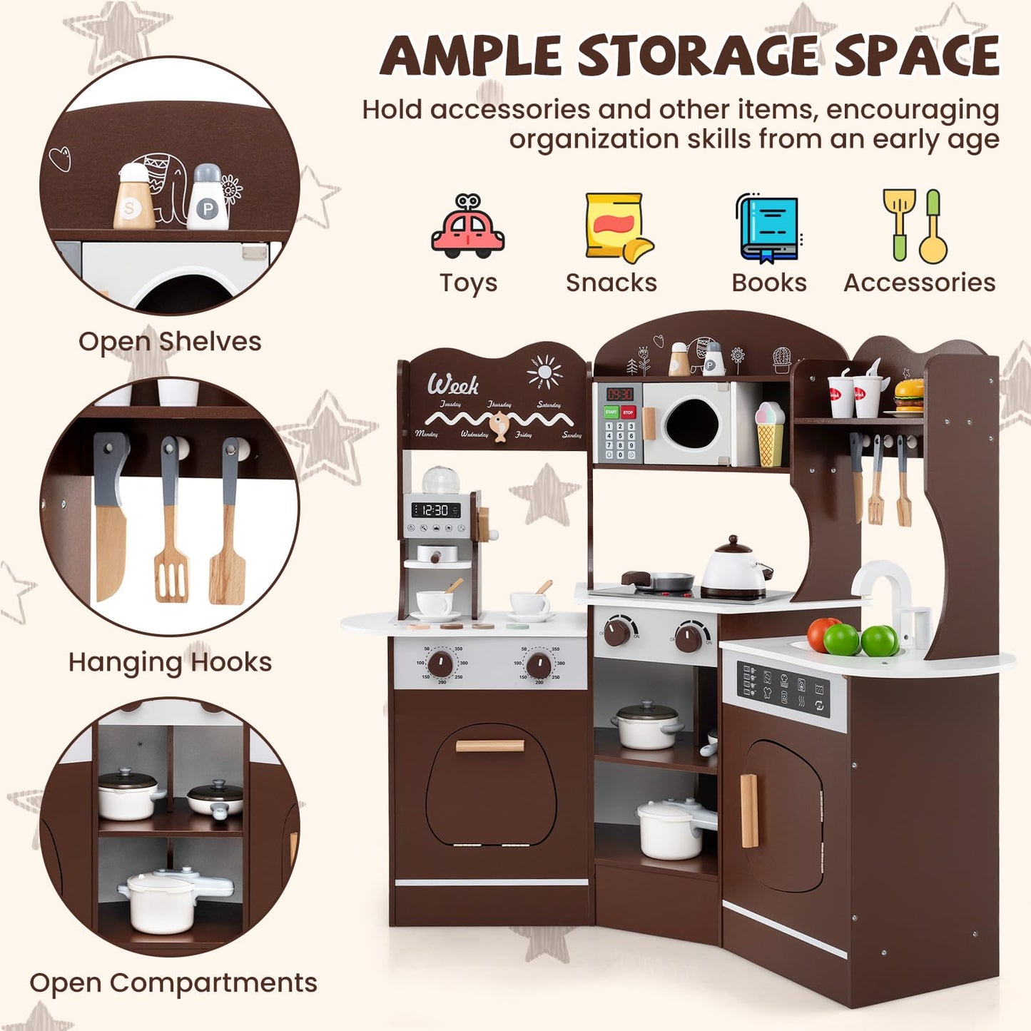 Kids Corner Wooden Play Kitchen with Coffee Machine Slide Microwave